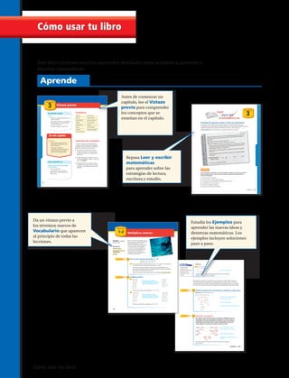 Resuelve.
g 7 g 3
7 g 3
g g Resta g de ambos lados.
7 3
No hay solución. Ningún número puede sustituir a la variable g para que la
ecuación sea verdadera.
Para resolver ecuaciones de varios pasos con variables en ambos lados,
primero combina los términos semejantes y despeja las fracciones. Luego,
suma o resta los términos variables en ambos lados para que la variable esté
en un solo lado de la ecuación. Luego, usa las propiedades de la igualdad
para despejar la variable.
Resolver ecuaciones de varios pasos con variables en ambos lados
Resuelve 2c 4 3c 9 c 5.
2c 4 3c 9 c 5
c 4 4 c Combina los términos semejantes.
c c Suma c a ambos lados.
4 4 2c
4 4 Suma 4 a ambos lados.
8 2c
8__
2
2c__
2
Divide ambos lados entre 2.
4 c
Aplicación a los negocios
Por cuidar un perro durante un día, el servicio de cuidado para perros
Patas felices cobra una tarifa fija de $19.00 más $1.50 por hora. Su
competencia, el servicio Guardianes de ladridos, cobra una tarifa fija
de $15.00 más $2.75 por hora. Halla la cantidad de horas por las cuales
pagarías el mismo precio total por ambos servicios.
19.00 1.5h 15.00 2.75h Sea h la cantidad de horas.
1.5h 1.5h Resta 1.5h de ambos lados.
19.00 15.00 1.25h
15.00 15.00 Resta 15.00 de ambos lados.
4.00 1.25h
4.00____
1.25
1.25h_____
1.25
Divide ambos lados entre 1.25.
3.2 h
El costo de ambos servicios es el mismo cuando se los contrata por
3.2 horas.
CC
Resuelve.
g 7 g 3
7 g 3
g g Resta g de ambos lados.
7 3
No hay solución. Ningún número puede sustituir a la variable g para que la
ecuación sea verdadera.
Para resolver ecuaciones de varios pasos con variables en ambos lados,
primero combina los términos semejantes y despeja las fracciones. Luego,
suma o resta los términos variables en ambos lados para que la variable esté
en un solo lado de la ecuación. Luego, usa las propiedades de la igualdad
para despejar la variable.
Resolver ecuaciones de varios pasos con variables en ambos lados
Resuelve 2c 4 3c 9 c 5.
2c 4 3c 9 c 5
c 4 4 c Combina los términos semejantes.
c c Suma c a ambos lados.
4 4 2c
4 4 Suma 4 a ambos lados.
8 2c
8__
2
2c__
2
Divide ambos lados entre 2.
4 c
Aplicación a los negocios
Por cuidar un perro durante un día, el servicio de cuidado para perros
Patas felices cobra una tarifa fija de $19.00 más $1.50 por hora. Su
competencia, el servicio Guardianes de ladridos, cobra una tarifa fija
de $15.00 más $2.75 por hora. Halla la cantidad de horas por las cuales
pagarías el mismo precio total por ambos servicios.
19.00 1.5h 15.00 2.75h Sea h la cantidad de horas.
1.5h 1.5h Resta 1.5h de ambos lados.
19.00 15.00 1.25h
15.00 15.00 Resta 15.00 de ambos lados.
4.00 1.25h
4.00____
1.25
1.25h_____
1.25
Divide ambos lados entre 1.25.
3.2 h
El costo de ambos servicios es el mismo cuando se los contrata por
3.2 horas.
CC
Resuelve.
g 7 g 3
7 g 3
g g Resta g de ambos lados.
7 3
No hay solución. Ningún número puede sustituir a la variable g para que la
ecuación sea verdadera.
Para resolver ecuaciones de varios pasos con variables en ambos lados,
primero combina los términos semejantes y despeja las fracciones. Luego,
suma o resta los términos variables en ambos lados para que la variable esté
en un solo lado de la ecuación. Luego, usa las propiedades de la igualdad
para despejar la variable.
Resolver ecuaciones de varios pasos con variables en ambos lados
Resuelve 2c 4 3c 9 c 5.
2c 4 3c 9 c 5
c 4 4 c Combina los términos semejantes.
c c Suma c a ambos lados.
4 4 2c
4 4 Suma 4 a ambos lados.
8 2c
8__
2
2c__
2
Divide ambos lados entre 2.
4 c
Aplicación a los negocios
Por cuidar un perro durante un día, el servicio de cuidado para perros
Patas felices cobra una tarifa fija de $19.00 más $1.50 por hora. Su
competencia, el servicio Guardianes de ladridos, cobra una tarifa fija
de $15.00 más $2.75 por hora. Halla la cantidad de horas por las cuales
pagarías el mismo precio total por ambos servicios.
19.00 1.5h 15.00 2.75h Sea h la cantidad de horas.
1.5h 1.5h Resta 1.5h de ambos lados.
19.00 15.00 1.25h
15.00 15.00 Resta 15.00 de ambos lados.
4.00 1.25h
4.00____
1.25
1.25h_____
1.25
Divide ambos lados entre 1.25.
3.2 h
El costo de ambos servicios es el mismo cuando se los contrata por
3.2 horas.
CC
Pista útil
Si se eliminan las
variables de una
ecuación y el enunciado
resultante es falso,
la ecuación no tiene
solución.
E J E M P L O 2
E J E M P L O 3 Aplicación a los negocios
Por cuidar un perro durante un día, el servicio de cuidado para perros
Patas Felices cobra una tarifa fija de $ 19 000 más $ 1 500 por hora. Su
competencia, el servicio Guardianes de Ladridos, cobra una tarifa fija
de $ 15 000 más $ 2 750 por hora. Halla la cantidad de horas por las
cuales pagarías el mismo precio total por ambos servicios.
Resolver ecuaciones de varios pasos con variables en ambos lados
Resuelve 2c + 4 – 3c = –9 + c + 5.
Para resolver ecuaciones de varios pasos con variables en ambos lados, primero se
combinan los términos semejantes y se despejan las fracciones. Luego, se suman o
restan los términos variables en ambos lados para que la variable esté en un solo lado
de la ecuación. Luego, se usan las propiedades de la igualdad para despejar la variable.
El costo de ambos servicios es el mismo cuando se los contrata
por 3,2 horas.
No hay solución. Ningún número puede sustituir a la variable g
para que la ecuación sea verdadera.
19 000 + 1 500 h = 15 000 + 2 750 h
2 1 500 h 2 1 500 h
19 000 = 15 000 + 1 250 h
2 15 000 2 15 000
4 000 = 1 250 h
4 000 = 1 250 h
1 250
3,2 = h
1 250
C
Sea h la cantidad de horas.
Resta 1 500 h de ambos lados.
Resta 15 000 de ambos lados.
Divide por 1250 ambos lados de la
ecuación.
Combina los términos semejantes.
Suma c a ambos lados.
Suma 4 a ambos lados.
Divide por 2 ambos lados de la ecuación.
Resta g de ambos lados.
Resuelve:
Capítulo 6 201
De dónde vienes
Antes
• Ubicaste e identificaste puntos en un
plano cartesiano.
• Reconociste conceptos y propiedades
de la geometría en campos como el
Arte y la Arquitectura.
• Identificaste figuras congruentes.
En este capítulo
Estudiarás
• Cómo representar gráficamente
traslaciones y reflexiones en un
plano cartesiano.
• Cómo usar conceptos y
propiedades de la geometría para
resolver problemas en campos
como el Arte y la Arquitectura.
Hacia dónde vas
Puedes usar las destrezas aprendidas
en este capítulo:
• Para crear teselados.
• Para identificar y crear patrones
geométricos . Puedes usarlos en la
clase de Arte.
Vocabulario
Conexiones de vocabulario
Considera lo siguiente para familiarizarte
con algunos de los términos de vocabulario
del capítulo. Puedes consultar el capítulo, el
glosario o un diccionario si lo deseas:
1. Entendemos por traslación el cambio
de lugar o posición de un cuerpo. ¿Qué
supones que puede ser una traslación en
geometría?
2. El prefijo griego poly – significa “muchos”
y la raíz gono significa “ángulo”. ¿Qué crees
que es un polígono?
3. ¿Cuán diferente se ve un objeto cuando
se refleja en un espejo? ¿Qué se mantiene
constante en una figura geométrica al ser
reflejada?
polígono
rotación
eje de reflexión
reflexión
transformación
imagen
traslación
centro de rotación
simetría axial
simetría central
simetría rotacional
eje de simetría
teselado
teselado regular
teselado semiregular
C A P Í T U L O
3 Vistazo previo
72
Estrategia de redacción: Escribe un diario de matemáticas
Si escribes un diario de matemáticas, podrás mejorar tus habilidades de redacción y
razonamiento. Usa tu diario para resumir las ideas clave y el vocabulario de cada lección para
analizar las preguntas que puedas tener sobre un concepto o sobre tus tareas.
Entrada del diario: Lee la entrada que un estudiante escribió en su diario.
27 de abril
Tengo dificultades con la Lección. Puedo hallar qué porcentaje de un número es
otro número, pero me resulta confuso cómo hallar el porcentaje de aumento o
disminución.
Mi profesor me ayudó a razonar la operación:
Halla el porcentaje de aumento o disminución de 20 a 25.
• Primero, calcula si es un porcentaje de aumento o de disminución. El número
va del menor al mayor, por lo tanto, es un porcentaje de aumento porque el
número aumenta, es decir, se incrementa.
• Luego, halla la cantidad del aumento, o diferencia, entre los dos números.
25 – 20 = 5
• Ahora halla qué porcentaje del número original es la cantidad del aumento
o diferencia.
cantidad de aumento
5
20
= 0.25 = 25%
número original
Por lo tanto, es un aumento del 25%.
C A P Í T U L O
3
Crea un diario de matemáticas y escribe tus ideas de todos los días de esta semana.
Usa las siguientes frases como punto de partida y asegúrate de ponerle fecha y
numerar cada página:
1. En esta lección, ya aprendí…
2. En esta lección, no estoy seguro acerca de…
3. Las destrezas que necesito para completar esta lección son…
4. Los desafíos que encontré fueron…
5. Resolví estos desafíos mediante…
6. En esta lección, disfruté/no disfruté…
Capítulo 3 73
1–2
C A P Í T U L O
Multiplicar enteros
Estudia el patrón. Cuando el
segundo factor disminuye en 1, el
producto disminuye en 5. Usa esta
regla para completar el patrón.
Estudia el patrón. Cuando el
segundo factor disminuye en 1, el
producto disminuye en 5. Usa esta
regla para completar el patrón.
Aprender a multiplicar
números enteros.
Vocabulario
números enteros
propiedad del cero en la
multiplicación
producto
En las costas del archipiélago de Juan
Fernández hay una gran cantidad de
objetos sumergidos en el mar.
Se encontró una caja con fotografías
a 20 metros bajo el nivel del mar
o a –20 metros. Si un automóvil se
encuentra a una profundidad casi
5 veces mayor que la caja con
fotografías, ¿a qué profundidad se
encuentra el automóvil?
E J E M P L O
E J E M P L O
1
2
Usa una recta numérica para hallar 5 • –20
Completa el patrón
A
A
B
En la recta numérica se muestra que 5 • –20 = –100. Entonces, el automóvil
está a 100 metros por debajo del nivel del mar o a –100.
Si los restos de un bote hundido estuvieran a una profundidad 2 veces
mayor que la del automóvil ¿de qué manera podrías usar la recta numérica
para hallar la profundidad de este bote?
Puedes usar patrones para hallar reglas para multiplicar números enteros.
5 • 3 = 15
5 • 2 = 10
5 • 1 = 5
5 • 0 = 0
5 • –1 = __
5 • –2 = __
5 • –3 = __
–100 –80 –60 –40 –20 0
5 • 2 = 10
5 • 1 = 5
5 • 0 = 0
5 • –1 = –5
5 • –2 = –10
5 • –3 = –15
Entonces, los productos que faltan son –5, –10 y –15.
Entonces, los productos que faltan son 5, 10 y 15.
–5 • 3 = –15
–5 • 2 = –10
–5 • 1 = –5
–5 • 0 = 0
–5 • –1 = __
–5 • –2 = __
–5 • –3 = __
–5 • 3 = –15
–5 • 2 = –10
–5 • 1 = –5
–5 • 0 = 0
–5 • –1 = 5
–5 • –2 = 10
–5 • –3 = 15
10
Cómo usar tu libro
Este libro contiene muchos apartados diseñados para ayudarte a aprender y
estudiar matemáticas.
Da un vistazo previo a
los términos nuevos de
Vocabulario que aparecen
al principio de todas las
lecciones.
Antes de comenzar un
capítulo, lee el Vistazo
previo para comprender
los conceptos que se
enseñan en el capítulo.
Estudia los Ejemplos para
aprender las nuevas ideas y
destrezas matemáticas. Los
ejemplos incluyen soluciones
paso a paso.
Repasa Leer y escribir
matemáticas
para aprender sobre las
estrategias de lectura,
escritura y estudio.
Aprende
Cómo usar tu libro
 