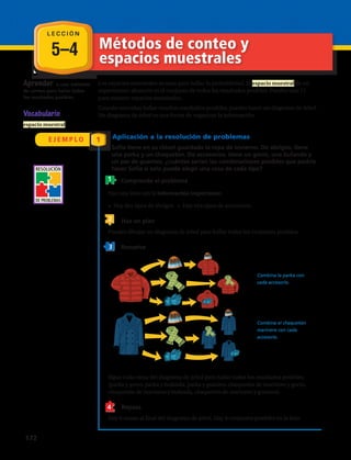 5–4 Métodos de conteo y
espacios muestrales
E J E M P L O 1
Aprender a usar métodos
de conteo para hallar todos
los resultados posibles.
Vocabulario
espacio muestral
Los espacios muestrales se usan para hallar la probabilidad. El espacio muestral de un
experimento aleatorio es el conjunto de todos los resultados posibles. Puedes usar { }
para mostrar espacios muestrales.
Cuando necesitas hallar muchos resultados posibles, puedes hacer un diagrama de árbol.
Un diagrama de árbol es una forma de organizar la información.
Aplicación a la resolución de problemas
Sofía tiene en su clóset guardada la ropa de invierno. De abrigos, tiene
una parka y un chaquetón. De accesorios, tiene un gorro, una bufanda y
un par de guantes, ¿cuántas serían las combinaciones posibles que podría
hacer Sofía si solo puede elegir una cosa de cada tipo?
	 Comprende el problema
Haz una lista con la información importante:
•  Hay dos tipos de abrigos.  •  Hay tres tipos de accesorios.
	 Haz un plan
Puedes dibujar un diagrama de árbol para hallar todos los conjuntos posibles.
	 Resuelve
m610se_c12l03500a_2nd
Combina la parka con
cada accesorio.
Combina el chaquetón
marinero con cada
accesorio.
Sigue cada rama del diagrama de árbol para hallar todos los resultados posibles:
{parka y gorro, parka y bufanda, parka y guantes, chaquetón de marinero y gorro,
chaquetón de marinero y bufanda, chaquetón de marinero y guantes}.
	 Repasa
Hay 6 ramas al final del diagrama de árbol. Hay 6 conjuntos posibles en la lista.
1
2
3
4
RESOLUCIÓN
DE PROBLEMAS
L E C C I Ó N
172 
 