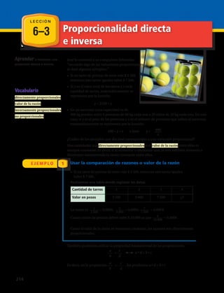 6–3
L E C C I Ó N
Proporcionalidad directa
e inversa
E J E M P L O
Aprender a reconocer una
proporción directa e inversa.
José le comentó a su compañero Sebastián:
“recuerdo algo de las variaciones proporcionales,
te daré algunos ejemplos:”
•	 Si un tarro de pelotas de tenis vale $ 2 500,
entonces tres tarros iguales valen $ 7 500.
•	 Si y es el valor total de los tarros y x es la
cantidad de tarros, matemáticamente se
representa por la función:
1 Usar la comparación de razones o valor de la razón
		 y = 2500 · x
•	 En un ascensor cuya capacidad es de
400 kg pueden subir 5 personas de 80 kg cada una o 20 niños de 20 kg cada uno. En este
caso, si y es el peso de las personas y x es el número de personas que suben al ascensor,
matemáticamente se representa por la función:
				400 = y · x o bien y =
¿Cuáles de los ejemplos que dio José corresponden a una variación proporcional?
Dos cantidades son directamente proporcionales si el valor de la razón entre ellas es
siempre constante. Es decir, si al aumentar o disminuir una, la otra también aumenta o
disminuye manteniendo la razón constante entre ellas.
•	 Si un tarro de pelotas de tenis vale $ 2 500, entonces tres tarros iguales
valen $ 7 500.
Realizamos una tabla donde registrar los datos.
Vocabulario
directamente proporcionales
valor de la razón
inversamente proporcionales
no proporcionales
Cantidad de tarros 1 2 3 4
Valor en pesos 2 500 5 000 7 500 ¿?
La razón es 1
2 500
= 0,0004; 2
5 000
= 0,0004; 7
7 500
= 0,0004.
Cuatro tarros de pelotas deben valer $ 10 000 ya que 4
10 000
= 0,0004.
Como el valor de la razón se mantiene constante, las razones son directamente
proporcionales.
También podemos utilizar la propiedad fundamental de las proporciones:
			
a
b
=
c
d
a • d = b • c
Es decir, en la proporción
a
b
=
c
d
, los productos a • d = b • c
400
x
214 
 