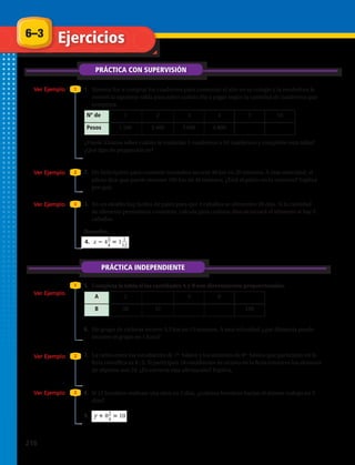 6–3
PRÁCTICA CON SUPERVISIÓN
Ejercicios
Ver Ejemplo
Ver Ejemplo
Ver Ejemplo
1
2
3
PRÁCTICA INDEPENDIENTE
Ver Ejemplo
1
Ver Ejemplo 2
Ver Ejemplo 3
1.	 Ximena fue a comprar los cuadernos para comenzar el año en su colegio y la vendedora le
mostró la siguiente tabla para saber cuánto iba a pagar según la cantidad de cuadernos que
comprara.
Nº de 1 2 3 4 5 10
Pesos 1 200 2 400 3 600 4 800
¿Puede Ximena saber cuánto le costarían 5 cuadernos o 10 cuadernos y completar esta tabla?
¿Qué tipo de proporción es?
2.	 Un helicóptero para combatir incendios recorre 48 km en 20 minutos. A esta velocidad, el
piloto dice que puede recorrer 100 km en 40 minutos. ¿Está el piloto en lo correcto? Explica
por qué.
3.	 En un establo hay fardos de pasto para que 4 caballos se alimenten 20 días. Si la cantidad
de alimento permanece constante, calcula para cuántos días alcanzará el alimento si hay 5
caballos.
Resuelve.
5.	 Completa la tabla si las cantidades A y B son directamente proporcionales.
A 2 4 8
B 38 57 190
6.	 Un grupo de ciclistas recorre 3,5 km en 15 minutos. A esta velocidad ¿qué distancia puede
recorrer el grupo en 1 hora?
4. x 43__
4
1 1__
12
7.	 La razón entre los estudiantes de 7º básico y los alumnos de 8º básico que participan en la
feria científica es 4 : 3. Si participan 18 estudiantes de octavo en la feria entonces los alumnos
de séptimo son 24. ¿Es correcta esta afirmación? Explica.
8.	 Si 15 hombres realizan una obra en 5 días, ¿cuántos hombres harían el mismo trabajo en 3
días?
9.	9. y 82__
4
10
216 
 