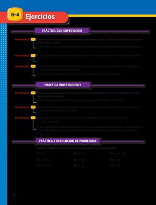 6–4
PRÁCTICA CON SUPERVISIÓN
Ejercicios
Ver Ejemplo
Ver Ejemplo
Ver Ejemplo
1
2
3
PRÁCTICA INDEPENDIENTE
Ver Ejemplo 1
Ver Ejemplo 2
Ver Ejemplo 3
PRÁCTICA Y RESOLUCIÓN DE PROBLEMAS
Encuentra una función que represente la situación, grafica la función e identifica el tipo de
proporción, si existe.
1.	 Por cada 100 grs de naranjas ingeridas en el desayuno, el cuerpo absorbe 50 mg de vitamina C.
2.	 En una fábrica, 10 máquinas se demoran 60 s en la producción de cierta cantidad de frutillas.
3.	 Un vendedor de televisores de una tienda comercial recibe un sueldo base de $ 180 000 y por
cada televisor vendido gana $ 20 000.
4.	 El área de un rectángulo de largo x y ancho 9 unidades menos que el largo.
5.	 Una llamada telefónica de larga distancia nacional vale $ 200 por 5 minutos.
6.	 Un albañil quiere construir un piso rectangular cuya superficie mide 48 m2
pero no sabe las
dimensiones del largo y del ancho.
7.	 En una empresa, el costo por producir cierta cantidad de artículos esta dado por:
	 C(x) = 20x + 100
8.	 En un laboratorio se estudia la reproducción de una determinada bacteria que se duplica cada dos
horas. La función que representa la cantidad de bacterias que habrá después de cierto tiempo:
B(x) = 2x
9.	 y = 10.	3x = 5y 11.	y + 10 = 24x
12.	 y = x + 4 13.	 y = 14.	y = 7x
15.	 y = 5x + 2 16.	y = 17.	y = 5x
Grafica y clasifica en relaciones proporcionales o no proporcionales.
24
x
5
x
7
3x
Encuentra una función que represente la situación, grafica la función e identifica el tipo
de proporción, si existe.
220 
 
