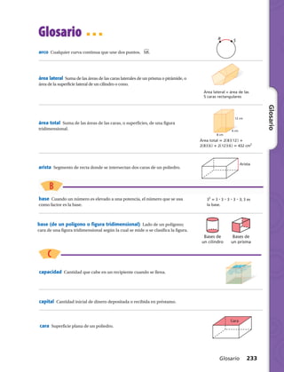 Glosario 233
Glosario
Glosario
R S
Área lateral = área de las
5 caras rectangulares
12 cm
6 cm
8 cm
Área total 5 2​( 8 )​​( 12 )​1
2​( 8 )​​( 6 )​1 2​( 12 )​​( 6 )​5 432 c​m​2
​
Arista
​3​5
​ 5 3 ? 3 ? 3 ? 3 ? 3; 3 es
la base.
ART
CUST
CREA
EDIT
crea
s
blac
REV
Bases de
un cilindro
Bases de
un prisma
Base de
un cono
Base de
una pirámide
arco  Cualquier curva continua que une dos puntos. SR.
área lateral  Suma de las áreas de las caras laterales de un prisma o pirámide, o
área de la superficie lateral de un cilindro o cono.
área total  Suma de las áreas de las caras, o superficies, de una figura
tridimensional.
arista  Segmento de recta donde se intersectan dos caras de un poliedro.
base  Cuando un número es elevado a una potencia, el número que se usa
como factor es la base.
base (de un polígono o figura tridimensional)  Lado de un polígono;
cara de una figura tridimensional según la cual se mide o se clasifica la figura.
capacidad  Cantidad que cabe en un recipiente cuando se llena. 
capital  Cantidad inicial de dinero depositada o recibida en préstamo.
Cara
cara  Superficie plana de un poliedro.
 