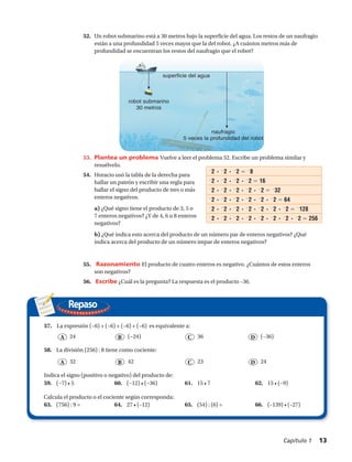 Repaso
57.	 La expresión (−6) + (−6) + (−6) + (−6) es equivalente a:
58.	 La división (256) : 8 tiene como cociente:
59.	 (−7) • 5 60.	 (−12) • (−36) 61.	 15 • 7 62.	 15 • (−9)
63.	 (756) : 9 = 64.	 27 • (–12) 65.	 (54) : (6) = 66.	 (–139) • (–27)
A
A
B
B
C
C
D
D
24
32
(−24)
42
36
23
(−36)
24
Indica el signo (positivo o negativo) del producto de:
Calcula el producto o el cociente según corresponda:
2
2 • 2
2 • 2
2 5 2
8
2
2 • 2
2 • 2
2 • 2
2 5 16
2
2 • 2
2 • 2
2 • 2
2 • 2
2 5 2
32
2
2 • 2
2 • 2
2 • 2
2 • 2
2 • 2
2 5 64
2
2 • 2
2 • 2
2 • 2
2 • 2
2 • 2
2 • 2
2 5 2
128
2
2 • 2
2 • 2
2 • 2
2 • 2
2 • 2
2 • 2
2 • 2
2 5 256
superficie del agua
robot submarino
30 metros
naufragio
5 veces la profundidad del robot
53.	 Plantea un problema Vuelve a leer el problema 52. Escribe un problema similar y
resuélvelo.
54.	 Horacio usó la tabla de la derecha para
hallar un patrón y escribir una regla para
hallar el signo del producto de tres o más
enteros negativos.
a) ¿Qué signo tiene el producto de 3, 5 o
7 enteros negativos? ¿Y de 4, 6 u 8 enteros
negativos?
b) ¿Qué indica esto acerca del producto de un número par de enteros negativos? ¿Qué
indica acerca del producto de un número impar de enteros negativos?
52.	 Un robot submarino está a 30 metros bajo la superficie del agua. Los restos de un naufragio
están a una profundidad 5 veces mayor que la del robot. ¿A cuántos metros más de
profundidad se encuentran los restos del naufragio que el robot?
55.	 Razonamiento El producto de cuatro enteros es negativo. ¿Cuántos de estos enteros
son negativos?
56.	 Escribe ¿Cuál es la pregunta? La respuesta es el producto –36.
Capítulo 1  13
 