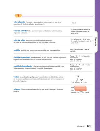 255 5
En la función y 5 6x, el valor de
entrada 4 produce un valor de
salida de 24.
Para la función y 5 6x, el valor
de entrada 4 produce un valor de
salida de 24.
Para y 5 2x 1 1, y es la variable
dependiente.
valor de entrada: x
valor de salida: y
Para y 5 2x 1 1, x es la variable
independiente.
valor de entrada: x
valor de salida: y
En la expresión 2x 1 3, x es la
variable.
valor absoluto  Distancia a la que está un número de 0 en una recta
numérica. El símbolo del valor absoluto es .
valor de entrada  Valor que se usa para sustituir una variable en una
expresión o función.
valor de salida  Valor que resulta después de sustituir
un valor de entrada determinado en una expresión o función.
variable  Símbolo que representa una cantidad que puede cambiar.
variable dependiente  Valor de salida de una función; variable cuyo valor
depende del valor de entrada, o variable independiente.
variable independiente  Valor de entrada de una función; variable cuyo
valor determina el valor de salida, o variable dependiente.
C
A B
A es el vértice de /CAB.
12 pies
4 pies
3 pies
Volumen 5 3 ?4 ?12 5 144 ​cm​2
​
vértice  En un ángulo o polígono, el punto de intersección de dos lados;
en un poliedro, el punto de intersección de tres o más caras; en un cono o
pirámide, la punta.
volumen  Número de unidades cúbicas que se necesitan para llenar un
espacio.
Glosario 249
Glosario
 
