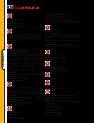 Índicetemático
Índice temático
250 Índice temático
Ángulo de rotación 80
Ángulo obtuso 102
Apotema lateral 118, 120, 121
Arco 95, 108, 111, 144, 174,
Área 54, 148, 149, 153, 179, 190, 191, 199, 216, 226,
Base 36, 37, 38, 40, 41, 42, 44, 47, 50, 51, 52, 53, 54, 55, 57, 58,
59, 69, 100, 107, 118, 119, 120, 121, 122, 126, 127, 128, 129,
130, 131, 132, 133, 138, 139, 140, 144, 148, 149, 153, 199
Base fraccionaria 51, 52
Bisectriz 39
Cálculos mentales 12, 19, 24, 26
Cara 30, 118, 122, 124, 132, 144, 148
Centro de rotación 78, 80, 87, 88, 89, 99
Cilindro 104, 106, 122, 123, 124, 125, 129, 130, 131, 132, 133,
134, 135, 136, 137, 138, 139, 140, 141, 144, 146, 148, 149
Círculo 39, 93, 104, 106, 112, 113, 114, 116, 144, 145, 149, 191,
199, 226
Circunferencia 80, 95, 104, 106, 108, 109, 110, 111, 112, 113,
114, 115, 116, 118, 122, 132, 144, 145, 148, 149, 226
Coordenada x 71
Coordenada y 71
Cociente 3, 4, 13, 16, 19, 21, 22, 23, 28, 31, 33, 35, 57, 67, 77,
159, 184, 193
Cono 104, 106, 118, 119, 120, 121, 126, 127, 128, 129, 130, 131,
140, 141, 144, 145, 146, 226
Cuerda 108, 109, 110, 111, 144, 148
Cuerpos geométricos 104, 106
Datos agrupados 150, 152, 155, 159, 162, 163, 164, 165, 168,
170, 187,
Diámetro 46, 108, 109, 110, 111, 112, 113, 114, 115, 116, 119,
120, 121, 123, 124, 128, 129, 131, 132, 134, 135, 136, 141, 144,
145, 148, 149, 191,
Directamente proporcionales 208, 209, 210, 211, 214, 215, 224
División 2, 3, 4, 13, 16, 17, 18, 19, 21, 22, 24, 31, 32, 35, 36, 38,
54, 55, 56, 62, 67, 69
División de potencias 36, 54, 55, 56, 62, 67
Dominio 202, 203, 204, 206
Ecuación lineal 194
Eje de reflexión 74, 75
Eje de simetría 79, 84, 85, 86, 88, 94, 98, 99, 101, 103
Entrada 194, 202, 203, 204, 205, 222, 223
Espacio muestral 152, 176, 182
Experimento 152, 172, 176, 177, 178, 180, 184, 186,
Exponente 40, 41, 42, 44, 45, 47, 50, 51, 52, 54, 55, 57, 58, 59,
66, 69, 103
Factores 4, 11, 22, 39, 41
Figuras compuestas 134
Frecuencia 90, 150, 151, 152, 153, 154, 155, 156, 158, 159, 160,
161, 162, 163, 164, 165, 166, 167, 168, 169, 170, 183, 186, 187,
189, 227
Frecuencia acumulada 158, 159, 160, 161, 162, 163, 165, 166,
167, 169, 187, 189
Frecuencia relativa 159, 161, 162, 165, 166, 169, 176, 227
Función 193, 194, 202, 203, 205, 206, 208, 214, 215, 216, 217,
222, 223, 224, 225
Geometría 72, 95, 97, 104, 108
Generatriz 118, 119, 120, 121, 144
Giros 115, 188
Igualmente probable 176, 177, 186,
Intervalo modal 162, 164, 167, 186
Inversamente proporcionales 209, 215
Justo 176, 178, 186
Límite inferior 164, 169
Lugar geométrico 106, 108, 112, 144
Marca de clase 159, 161, 162, 164, 165, 166, 169, 187
Media aritmética 150, 151, 158, 159, 161, 170, 187, 217
Mediana 175, 227
Moda 150, 152, 159, 161, 162, 164, 165, 166, 167, 170, 183, 186,
187, 191, 217, 227
Muestra 48, 150, 154
Muestra aleatoria 154, 155, 156, 186
Muestra auto–seleccionada 154
Muestra sistemática 154
Multiplicación 198, 209, 226
Multiplicación de potencias 50, 51, 52, 62
 