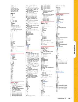 Solucionario
Solucionario 257
11. 18
12. 10/15 = 2/3
13. 1/3
14. 5/24
15. 9/21 = 0,43 = 43%
16. 1/8 = 0,125 = 12,5%
17. 6/21 = 0,29 = 29%
18. 7/30 = 0,23 = 23%
Página 193
1. 	 1/4
2. 	 1/6
3. 	 0
4. 	 35 veces
5. 	 0
6. 	 24
7. 	 12
8. 	 ½ = 0,5 = 50%
9. 	 ½ = 0,5 = 50%
10. 0
11. 10 veces
12. 45
13. tabla de frecuencias.
14. tabla de frecuencias.
15. 1 4 4 6 7 7 8 8 8 8 8 9 9 9
2 0 0 1 1 1 1 2 4 5 5 6
3 1 2 3 3 4
16. ver cuaderno del estudiante.
Páginas 194 - 195
1. 	 C
2. 	 B
3. 	 D
4. 	 A
5. 	 D
6. 	 B
7. 	 B
8. 	 B
9. 	 6
10. D
11. A
12. $ 4 928
13. 31,494
14. x = 51/4
15. 1/9
16. 2/5
17. 10/12 y 9/12, no son equivalentes.
18. a) 0,88
	 b) 0,5
	 c) bloque azul
19. F
20. V
21. F
Capítulo 6 
Página 197
¿Estás listo?
1.	 Inversas
2.	 Ecuación
3.	 Razón
4.	 Par ordenado
5.	 3t
6.	 Z – 9
7.	d/17
8.	 g + 28
9.	101k
10.	43 – x
11. 2(x–y)
12. x/4
13. 2(5•t)
14.	19
15.	10,5
16.	7
17.	47
18.	89
19.	30
20.	71
21.	5
22. -7
23. 3
24. 8
25. 2
26. 4
27. 25
28. 3
29. 6
Capítulo 6 · Lección 1
Páginas 203 - 204
1.	 5x = y, x cantidad de profesoras, y 	
	 cantidad de niños.
2.	 x + 10 = y, x edad de Martín, y 	
	 edad de Gabriel.
3.	 3x = y, x valor entrada estudiante, 	
	 y valor entrada adulto.
4. 	 2x + 2y = 20, x, y lados del
	 rectángulo.
5.	 Ver cuaderno de estudiante
6.	 Ver cuaderno de estudiante
7.	 Ver cuaderno de estudiante
8.	 Ver cuaderno de estudiante
9.	 Ver cuaderno de estudiante
10. 5x = y, x tiempo que demora
	 Javier, y tiempo que demora 	
	 Joaquín.
11. x + 7 = y, x preguntas que lleva 	
	 Carla, y preguntas que lleva Laura.
12. 2x/3 = y, x total de galletas, y lo 	
	 que comió Camila.
13. 3x/7 = y, x total del trabajo, y lo 	
	 que le queda a José.
14.	Ver cuaderno de estudiante
15.	Ver cuaderno de estudiante
16.	Ver cuaderno de estudiante
17.	Ver cuaderno de estudiante
18.	Ver cuaderno de estudiante
19. x + 3 =y, x vueltas que lleva
	 Fernando, y vueltas que lleva 	
	 Juan.
20. 3x = y, x peso mochila Pablo, y 	
	 peso mochila Ricardo.
21. x + y = 35, x edad Isabel, y edad 	
	 Josefa.
22. 7x = y, x edad humano, y edad 	
	 perro.
23. 3x/4 = y, x total del viaje, y lo que 	
	 lleva Francisca.
24. x + 15 = y, x altura Alejandro, y 	
	 altura Jorge.
25. x + y = 5000, x plata que tiene 	
	 Gonzalo, y plata que tiene Javiera.
26.	28
27.	A. 17  b. 11
28.	$ 2 500 000
29.	No tiene solución
30.	Respuesta abierta
31.	22/21
32.	C
33.	D
34.	6,4 x 10 -7
35.	7,39 x 109
36.	1,6 x 10 -6
37.	4,1 x 106
38.	1
39.	½
40.	3
Páginas 205
Inténtalo
1.	 x= -3
2.	 x= 3
3.	 x= 2
4.	 x= 3
Capítulo 6 ·Lección 2
Páginas 208 - 209
1.	 X=-3,y=-5;X=0,y=1;X=1,y=3
2.	 X=-2,y=-1;X=0,y=3;X=1,y=5
3.	 X=-5,y=-10;X=1,y=2;X=3,y=6
4.	 X = -1, y = -5; (-1, -5);  X = 0, y = -2; 	
	 (0,-2);  X=1,y=1;(1,1);  X=2,y=4;(2,4)
5.	 X = -1, y = 1; (-1, 1);  X = 0, y = 2;
	 (0,2);  X=1,y=3;(1,3);  X=2,y=4;  (2,4)
6.	 X=-2,y=4;X=0,y=0;X=4,y=-8
7.	 X=-3,y=-7;X=-1,y=-1;X=2,y=8
8.	 X = -10; y = -30;  X = -6, y = -18;
	 X = -2, y = -6
9.	 X = -1, y = -1/2; (-1, -1/2);  X = 0;
	 y = 0; (0, 0); X = 1, y = 1/2 ; (1, 1/2); 	
	 X = 2, y = 1; (2, 1)
10.	X = -1; y = -6; (-1, -6); X = 0, y = -4; 	
	 (0, -4);  X = 1, y = -2 (1, -2); X = 2,
	 y = 0; (2, 0)
11.	a. Y = 11,6 – x;  
	 b. ver cuaderno del estudiante
12.	°C = -20, °F = -4; °C = -5, °F = 23;
	 °C = 0, °F = 32; °C = 20, °F = 68;
	 °C = 100, °F = 212
13.	Para los valores de -1 y -2  se ha 	
	 realizado mal la operación de 	
	 suma de enteros.
14.	Ver cuaderno del estudiante
15.	Y = 2500 + 1000x; (1/2, 3000);
	 (5, 7500); (8 1/2,11 000)
16.	D
17.	C
18.	61
19.	1
20.	-9
21.	7/6
22.	1/5
23.	9/2
24.	35/4
Página 210
1.	 -3
2. 	 -2/3
3. 	 18
4. 
5. 	 10
6. 	 2
7. 	 1
8. 	 114
9. 	 16
10.	Ver libro del estudiante
11. Ver libro del estudiante
12. Ver libro del estudiante
13. Ver libro del estudiante
14. Ver libro del estudiante
Página 211
1.	 a. cortarelpastodelaSra.Martínez.
	 cortar el pasto del Sr. Baeza.
	 alta prioridad.
	 b. Sí.
	 c. cortarelpastodelaSra.Martínez.
	 cortar el pasto del Sr. Baeza.
	 comprar regalos.
	 cortarse el pelo.
	 ir a la fiesta.
2.	 a. Respuesta abierta
	 b. Respuesta abierta
	 c. Respuesta abierta
Capítulo 6 · Lección 3
Páginas 216 - 217
1.	 Si; porporción directa
2.	 No; velocidad es constante
3.	 16 días
4.	35/6
5.	 Ver cuaderno
6.	 14 km
7.	 Es correcta
8.	25
9.	 y = 5/2
10.	14
11.	3 334
12.	154
13.	a) 9;
	 b) Cuaderno;
	 c) Cuaderno;
	 d) Cuaderno.
14.	72
15.	Ver cuaderno del alumno
16.	32 m
17.	A
18.	Ver cuaderno del alumno; 7 800
19.	50 Km/h
20.	y = (-3x - 12)/4
Capítulo 6 · Lección 4
Páginas 220 - 221
1. y= 2x, directa
2. y= 600x, inversa
3. y= 20 000x + 180 000, no propor-
cional
4. y= x (x-9), no proporcional
5. y= 40x, directa
6. y= 48/x, inversa
7. no proporcional
8. no proporcional
9. inversa
10. directa
11. no proporcional
12. no proporcional
13. inversa
14. directa
15. no proporcional
16. inversa
17. directa
18. y= 600x, directa
19. y= 10x, directa
20. y= 200x - 3 000, no proporcional
21. $13 000
22. B
23. 21 litros
24. Media aritmética = 448,5
	 Moda= 452
	 Rango= 94
25. Media aritmética= 69,3; sin 	
	 jornada completa
	 Media aritmética= 100,1; con
jornada completa
	 Moda= 65
Página 222
¿Listo para seguir?
1.	 356
2.	 4 horas
3.	100
4.	 600 km
5.	 Ver cuaderno del estudiante; sí
6.	30
7.	48
8.	0,22
9.	6,25
10.	38,5
11.	9 horas
12.	200 mm
13.	 5 cm
14.	5 h
15.	15
16.	Software matemático
17.	Software matemático
18.	Software matemático
Página 223
1. 	 127,35 m
2. 	 0,127 km
3. 	 1,27 cm
4. 	 12 m/s
5. 	 240 m
6. 	 10,6 s
Capítulo 6 · Lección 4
Páginas 226 - 228
Vocabulario
1.	 Ecuación
2.	 Dominio
3.	 Función, variables
4.	 Tabla
5.	 Recorrido
Ejemplos - ejercicios
1.	1/2
2.	12/5
3.	8/3
4.	20
5.	 6 meses
6.	 Ver cuaderno del alumno
7.	3
8.	-15
9.	-2
10. 5
11.	-11
12.	-10
13.	10 800
14.	1 hora
15.	1
16.	24
17.	Utilizar software matemático
18.	Inversa
19.	No proporcional
20.	Directa
21.	Directa
22. No proporcional
23. No proporcional
24. Inversa
25. Ver cuaderno de estudiante
Página 229
Prueba del capítulo
1.	8
2.	48
3.	18
4.	8
5.	5
6.	8
7.	2
8.	63/40
9.	7
10.	–30
11.	7
12.	10
13.	3
14.	4 docenas
15.	Ver cuaderno de estudiante
16.	Ver cuaderno de estudiante
17.	Ver cuaderno de estudiante
18.	Ver cuaderno de estudiante
19.	Ver cuaderno de estudiante
20.	Sí
21.	No
22.	No
23.	Sí
24.	7 900
25.	25
26.	1 788
Páginas 230 - 231
Evaluación acumulativa
1.	B
2.	C
3.	B
4.	B
5.	A
6.	8/12
7.	B
8.	D
9.	C
10.	A
11.	a) 25
	 b) 20
12.	19
13.	32
14.	Ver cuaderno del estudiante
15.	3
16.	Ver cuaderno del estudiante
17.	Ver cuaderno del estudiante
18.	Ver cuaderno de estudiante
19.	F
20.	V
21.	F
 