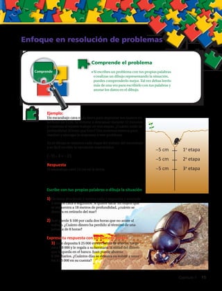 Enfoque en resolución de problemas
Comprende el problema
•	Si escribes un problema con tus propias palabras
o realizas un dibujo representando la situación,
puedes comprenderlo mejor. Tal vez debas leerlo
más de una vez para escribirlo con tus palabras y
anotar los datos en el dibujo.
Ejemplo:
Un escarabajo cava en la tierra para depositar sus huevos en
un hoyo de 5 cm. Se detiene a descansar durante 12 minutos
y continúa el mismo trabajo en tres etapas. ¿Cuánto mide de
profundidad el hoyo que hizo? Usa números enteros para
resolver y entregar la respuesta a este problema.
En el dibujo se muestra cada etapa del trabajo del escarabajo
y es fácil escribir la operación matemática:
(−5) • 3 = −15
Respuesta
El escarabajo cavó 15 cm en la tierra.
Escribe con tus propias palabras o dibuja la situación
1) Un buzo desciende 2 metros cada 5 segundos y asciende
2 metros cada 8 segundos. Si quiere sacar un objeto que
se encuentra a 18 metros de profundidad, ¿cuánto se
demora en retirarlo del mar?
2) José pierde $ 100 por cada dos horas que no asiste al
trabajo. ¿Cuánto dinero ha perdido al término de una
jornada de 8 horas?
Expresa tu respuesta con un número entero
3) Juan deposita $ 25 000 en su cuenta de ahorro, luego
saca $ 8 000 y le regala a su hermana la mitad del dinero
que le queda en el banco. Juan puede ahorrar
$ 500 diarios. ¿Cuántos días se demora en volver a tener
los $ 25 000 en su cuenta?
−5 cm
−5 cm
−5 cm
1a
etapa
2a
etapa
3a
etapa
Comprende
Capítulo 1  15
 
