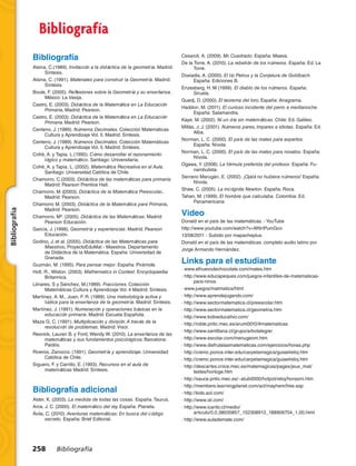 Bibliografía
Bibliografía
258 Bibliografía
Bibliografía
Alsina, C.(1989). Invitación a la didáctica de la geometría. Madrid:
Síntesis.
Alsina, C. (1991). Materiales para construir la Geometría. Madrid:
Síntesis.
Boule, F. (2005). Reflexiones sobre la Geometría y su enseñanza.
México: La Vasija.
Castro, E. (2003). Didáctica de la Matemática en La Educación
Primaria. Madrid: Pearson.
Castro, E. (2003). Didáctica de la Matemática en La Educación
Primaria. Madrid: Pearson.
Centeno, J. (1989). Números Decimales. Colección Matemáticas
Cultura y Aprendizaje Vol. 5. Madrid: Síntesis.
Centeno, J. (1989). Números Decimales. Colección Matemáticas
Cultura y Aprendizaje Vol. 5. Madrid: Síntesis.
Cofré, A. y Tapia, L.(1995). Cómo desarrollar el razonamiento
lógico y matemático. Santiago: Universitaria.
Cofré, A. y Tapia, L. (2002). Matemática Recreativa en el Aula.
Santiago: Universidad Católica de Chile.
Chamorro, C.(2003). Didáctica de las matemáticas para primaria.
Madrid: Pearson Prentice Hall.
Chamorro, M. (2003). Didáctica de la Matemática Preescolar.
Madrid: Pearson.
Chamorro M. (2003). Didáctica de la Matemática para Primaria.
Madrid: Pearson.
Chamorro, Mª. (2005). Didáctica de las Matemáticas. Madrid:
Pearson Educación.
García, J. (1998). Geometría y experiencias. Madrid: Pearson
Educación.
Godino, J. et al. (2005). Didáctica de las Matemáticas para
Maestros. ProyectoEduMat - Maestros. Departamento
de Didáctica de la Matemática. España: Universidad de
Granada.
Guzmán, M. (1995). Para pensar mejor. España: Pirámide.
Holt, R., Wiston. (2003). Mathematics in Context. Encyclopaedia
Britannica.
Llinares, S y Sánchez, M.(1989). Fracciones. Colección
Matemáticas Cultura y Aprendizaje Vol. 4 Madrid: Síntesis.
Martínez, A. M., Juan, F. R. (1989). Una metodología activa y
lúdica para la enseñanza de la geometría. Madrid: Síntesis.
Martínez, J. (1991). Numeración y operaciones básicas en la
educación primaria. Madrid: Escuela Española.
Maza G, C. (1991). Multiplicación y división.A través de la
resolución de problemas. Madrid: Visor.
Resnick, Lauren B. y Ford, Wendy W. (2010). La enseñanza de las
matemáticas y sus fundamentos psicológicos. Barcelona:
Paidós.
Riveros, Zanocco. (1991). Geometría y aprendizaje. Universidad
Católica de Chile.
Siguero, F. y Carrillo, E. (1993). Recursos en el aula de
matemáticas Madrid: Síntesis.
Bibliografía adicional
Alder, K. (2003). La medida de todas las cosas. España: Taurus.
Arce, J. C. (2000). El matemático del rey. España: Planeta.
Ávila, C. (2010). Aventuras matemáticas: En busca del código
secreto. España: Brief Editorial.
Cesaroli, A. (2009). Mr. Cuadrado. España: Maeva.
De la Torre, A. (2010). La rebelión de los números. España: Ed. La
Torre.
Doxiadis, A. (2000). El tío Petrus y la Conjetura de Goldbach.
España: Ediciones B.
Enzesberg, H. M (1999). El diablo de los números. España:
Siruela.
Guedj, D. (2000). El teorema del loro. España: Anagrama.
Haddon, M. (2011). El curioso incidente del perro a medianoche.
España: Salamandra.
Kaye, M. (2002). Ni un día sin matemáticas. Chile: Ed. Galileo.
Millás, J. J. (2001). Números pares, impares e idiotas. España: Ed.
Alba.
Norman, L. C. (2000). El país de las mates para expertos.
España: Nívola.
Norman, L. C. (2000). El país de las mates para novatos. España:
Nívola.
Ogawa, Y. (2008). La fórmula preferida del profesor. España: Fu-
nambulista.
Serrano Marugán, E. (2002). ¡Ojalá no hubiera números! España:
Nívola.
Shaw, C. (2005). La incógnita Newton. España: Roca.
Tahan, M. (1999). El hombre que calculaba. Colombia: Ed.
Panamericana
Video
Donald en el país de las matemáticas. - YouTube
http://www.youtube.com/watch?v=WtIrtPumGco
13/08/2011 - Subido por mapacheplus.
Donald en el país de las matemáticas. completo audio latino por
Jorge Armando Hernández.
Links para el estudiante
· www.elhuevodechocolate.com/mates.htm
· http://www.educapeques.com/juegos-infantiles-de-matematicas-
para-ninos
· www.juegos/matmatica/html
· http://www.aprendejugando.com/
· http://www.sectormatematica.cl/preescolar.htm
· http://www.sectormatematica.cl/geometria.htm
· http://www.todoeducativo.com/
· http://roble.pntic.mec.es/arum0010/#matematicas
· http://www.santillana.cl/grupo/arbolalegre/
· http://www.escolar.com/menugeom.htm
· http://www.disfrutalasmatematicas.com/ejercicios/horas.php
· http://cremc.ponce.inter.edu/carpetamagica/guiaelreloj.htm
· http://cremc.ponce.inter.edu/carpetamagica/guiaelreloj.htm
· http://descartes.cnice.mec.es/matemagicas/pages/jeux_mat/
textes/horloge.htm
· http://sauce.pntic.mec.es/~atub0000/hotpot/reloj/horasini.htm
· http://members.learningplanet.com/act/mayhem/free.asp
· http://kids.aol.com/
· http://www.ixl.com/
· http://www.icarito.cl/medio/
articulo/0,0,38035857_152308913_188909704_1,00.html
· http://www.aulademate.com/
 