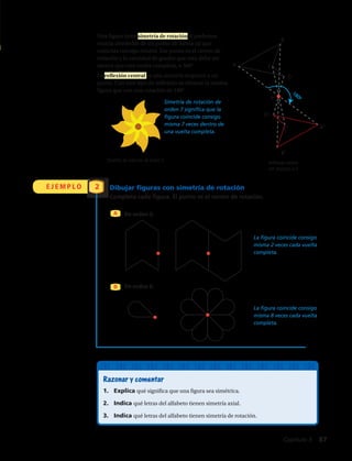 Una figura tiene simetría de rotación si podemos
rotarla alrededor de un punto de forma tal que
coincida consigo misma. Ese punto es el centro de
rotación y la cantidad de grados que rota debe ser
menor que una vuelta completa, o 360°.
La reflexión central es una simetría respecto a un
punto. Con este tipo de reflexión se obtiene la misma
figura que con una rotación de 180°.
Reflexión central
con respecto a P.
Dibujar figuras con simetría de rotación
Completa cada figura. El punto es el centro de rotación.
Simetría de rotación de orden 7.
Simetría de rotación de
orden 7 significa que la
figura coincide consigo
misma 7 veces dentro de
una vuelta completa.
A
B
La figura coincide consigo
misma 2 veces cada vuelta
completa.
La figura coincide consigo
misma 8 veces cada vuelta
completa.
De orden 2.
De orden 8.
A
B
D
180º
C
P
E J E M P L O 2
Razonar y comentar
1.	 Explica qué significa que una figura sea simétrica.
2.	 Indica qué letras del alfabeto tienen simetría axial.
3.	 Indica qué letras del alfabeto tienen simetría de rotación.
Capítulo 3  87
 