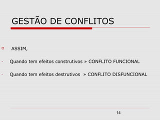14
GESTÃO DE CONFLITOS
 ASSIM,
- Quando tem efeitos construtivos » CONFLITO FUNCIONAL
- Quando tem efeitos destrutivos » CONFLITO DISFUNCIONAL
 