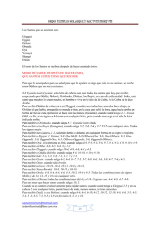 ORDO TEMPLIS SOLARIS ET SACTUM MORTUM
Los Santos que se asientan son:
Elegguá
Oggún
Ochosi
Obatalá
Oyá
Yemayá
Shangó
Oshún
El resto de los Santos se reciben después de hacer asentado éstos.
MODO DE SABER, DESPUÉS DE HACER OSHA,
QUE SANTOS USTED TIENE QUE RECIBIR
Para que le acompañen para su salud para que le ayuden en algo que este en su camino, se recibe
estos Oddum que no son corrientes:
8-8 Eyeúnle-tonti-Eyeúnle, esta letra de cabeza son casi todos los santos que hay que recibir,
empezando por Oddúa, Bolonti, Orishaoko, Olokun, los Ibeyis, en caso de enfermedad: Iroko, este
santo que muchos lo creen macho, es hembra y vive en lo alto de la Ceiba. A la Ceiba se le dice
Araba.
Para recibir Olokún de cabecera o en Elegguá, cuando caen todos los caracoles boca abajo, es
Olokún el que habla, enseguida se manda a tirar, en la casa que salió la letra, agua hacia arriba en
forma de lluvia; esta operación se hace con las manos (rociando), cuando usted tenga 4-7- Irosún
Oddí, en fin, si su signo es 4-Irosun con cualquier letra, pero cuando mas urge es si sale la letra
indicada arriba.
Para recibir a Orishaoko, cuando salga 8-7- Eyeunle-tonti-Oddí.
Para recibir a los Ibeyis (Jimaguas), cuando salga 2-2, 2-6, 2-4 y 2-7. El 2 con cualquier otro. Todos
los signos meyis
Para recibir San Lázaro, 1-3, saliendo detrás o delante, en cualquier forma en su signo o registro.
Para recibir a Algayú: 1, Ocana; 9-9. Osa Melli; 6-9 Obbara-Osa; 9-6, Osa Obbara; 9-3, OsaOggundá: 3-9, Oggundá-Osa; 6-3; Obbara-Oggundá; 3-6, Oggundá-Obbara.
Para recibir Oyá: si la persona es Oní, cuando salga el 9, 9-9, 9-3, 9-6, 9-7, 9-4, 9-5, 5-9, 9-10 y 4-9.
Para recibir a Obba: 8-8, 8-5, 8-6, 8 y 1-2.
Para recibir Elegguá: cuando salga 10-4, 4-9, 4-6, 4-1 y 4-5.
Para recibir a Oddúa-Boloñu: cuando salga 8-8, 10-10, 4-10 y 8-10.
Para recibir Inlé: 5-3, 3-5, 5-8, 7-3, 3-7, 7 y 7-5.
Para recibir Ozaín: cuando salga 6-3, 6-4, 6 -7, 7-3, 3-7, 6-9, 6-6, 3-6, 3-9, 4-7, 7-4 y 4-5.
Para recibir Ozun: cuando sala Irosún.
Para recibir a Iroco: 10-10, 10-4, 10-11, 10-6 y 10-12.
Para recibir Nana-Burukú: 10-8, 10-13 y 10-16.
Para recibir Orula: 4-8, 8-4, 6-4, 4-6, 4-5, 10-5, 10-4 y 8-5. Todas las combinaciones de signos
Mellis y de 13, 14, 15 y 16 con cualquier otro.
Para recibir a Olorun: todas las combinaciones del 4 y el 16. Urgente con: 4-4, 4-8, 4-7, 4-6.
Para no tener que hacer santo cuando salga: 10, 5.
Cuando se es santero exclusivamente para cuidar santos: cuando usted tenga a Elegguá 5-5 y en su
cabeza 5 con cualquier letra, puede hacer de todo, menos santos, ni tirar caracoles.
Para recibir Dadá, o sea Bañani: cuando salga 6-6, 6-4, 6-10, 6-12, 10-12, 12-10, 4-8, 4-6, 5-5, 4-5,
5-4, 5 -3, 6-5, 7-5, 9-5 y 4-9 en fin todos 6, 5, 4. y 10.
sactummortum@hotmail.com
ordenilluminati@live.com.mx
29

 