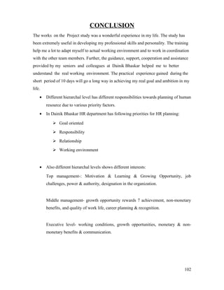 CONCLUSION
The works on the Project study was a wonderful experience in my life. The study has
been extremely useful in developing my professional skills and personality. The training
help me a lot to adapt myself to actual working environment and to work in coordination
with the other team members. Further, the guidance, support, cooperation and assistance
provided by my seniors and colleagues at Dainik Bhaskar helped me to better
understand the real working environment. The practical experience gained during the
short period of 10 days will go a long way in achieving my real goal and ambition in my
life.
• Different hierarchal level has different responsibilities towards planning of human
resource due to various priority factors.
• In Dainik Bhaskar HR department has following priorities for HR planning:
 Goal oriented
 Responsibility
 Relationship
 Working environment
• Also different hierarchal levels shows different interests:
Top management-: Motivation & Learning & Growing Opportunity, job
challenges, power & authority, designation in the organization.
Middle management- growth opportunity rewards 7 achievement, non-monetary
benefits, and quality of work life, career planning & recognition.
Executive level- working conditions, growth opportunities, monetary & non-
monetary benefits & communication.
102
 