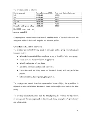 The cover amount is as follows:
Employee grade Covered Amount(INR) Amt. contribution by the co.
M0 5.00 Lakh 6,000+
M1 4.25 Lakh 6,000
M2 3.25 Lakh 5,400
M3/M4 2.50 Lakh 4,800
M5 1.50 Lakh 3,200
E grades with gross salary
Rs.10,000 p.m. and not
covered under ESI
1.00 Lakh 2,500
Every employee covered under the scheme is provided details of the mediclaim cards and
along with the list of associated hospitals and the claim process.
Group Personal Accident Insurance:
The company covers the following group of employees under a group personal accident
insurance policy:
• All marketing/sales-field force employed in any of the offices/units in the group.
• This is over and above mediclaim, if applicable.
• All officers in grade M3 and above.
• All staff in circulation and accounts (recovery).
• Production staff, excluding those not involved directly with the production
process.
• Editorial staff, i.e. field reporters, photographers.
The employees are insured for a fixed compensation, in case of injury due to accident. In
the event of death, the nominee will receive a sum which is equal to 40 times of the basic
salary.
The coverage automatically starts from the date of joining the company for the duration
of employment. The coverage needs to be extended during an employee’s probationary
and notice period.
61
 