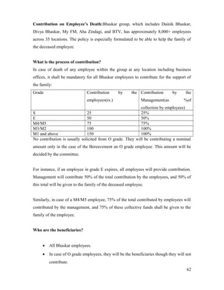 Contribution on Employee’s Death:Bhaskar group, which includes Dainik Bhaskar,
Divya Bhaskar, My FM, Aha Zindagi, and BTV, has approximately 8,000+ employees
across 35 locations. The policy is especially formulated to be able to help the family of
the deceased employee.
What is the process of contribution?
In case of death of any employee within the group at any location including business
offices, it shall be mandatory for all Bhaskar employees to contribute for the support of
the family:
Grade Contribution by the
employees(rs.)
Contribution by the
Management(as %of
collection by employees)
S 25 25%
E 50 50%
M4/M5 75 75%
M3/M2 100 100%
M1 and above 150 100%
No contribution is usually solicited from O grade. They will be contributing a nominal
amount only in the case of the Bereavement an O grade employee. This amount will be
decided by the committee.
For instance, if an employee in grade E expires, all employees will provide contribution.
Management will contribute 50% of the total contribution by the employees, and 50% of
this total will be given to the family of the deceased employee.
Similarly, in case of a M4/M5 employee, 75% of the total contributed by employees will
contributed by the management, and 75% of these collective funds shall be given to the
family of the employee.
Who are the beneficiaries?
• All Bhaskar employees.
• In case of O grade employees, they will be the beneficiaries though they will not
contribute.
62
 