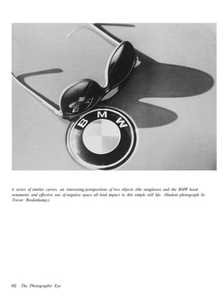 A series of similar curves, an interesting juxtaposition of two objects (the sunglasses and the BMW hood
ornament) and effective use of negative space all lend impact to this simple still life. (Student photograph by
Trevor Bredenkamp.)




102   The Photographic Eye
 