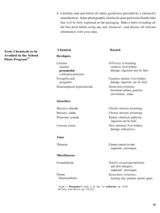 4. Carefully read and follow all safety guidelines provided by a chemical's
                           manufacturer. Some photographic chemicals pose particular health risks
                           that will be fully explained on the packaging. Make a habit of reading all
                           the fine print before using any new chemical—and discuss all relevant
                              information with your class.




                            Chemical                                            Hazard
Toxic Chemicals to be
Avoided in the School   Developers
Photo Program12
                        Catechin                                               Difficulty in breathing:
                          catechol                                              cyanosis, liver-kidney
                          pyrocatechol                                          damage; ingestion may be fatal
                          o-dihydroxybenzene
                        Pyrogallic acid                                        Cyanosis, anemia, liver-kidney
                          pyrogallol                                            damage; ingestion can be fatal
                        Diaminophenol hydrochloride                            Severe skin irritation,
                                                                                bronchial asthma, gastritis,
                                                                                convulsions, coma.

                        Intensifiers

                        Mercuric chloride                                      Chronic mercury poisoning.
                        Mercuric iodide                                        Chronic mercury poisoning.
                        Potassium cyanide                                      Rashes, chemical asphyxia;
                                                                                ingestion can be fatal.
                        Uranium nitrate                                        Skin corrosion, liver-kidney
                                                                                damage, radioactive.

                        Toner

                        Thiourea                                               Causes cancer in rats;
                                                                                suspected carcinogen.

                        Miscellaneous

                        Formaldehyde                                           Scnsiti/.er causing respiratory
                                                                                and skin allergies;
                                                                                suspected carcinogen.
                        Freons                                                 Respiratory irritations;
                         (fluorocarbons)                                        heating may produce poison gases.

                        1
                            Secger, A Photographer's Guide to the Safe Use of Materials, pp. 29-40.
                        :
                            McCann, Artist Beware, pp. 310-324.




                                                                                                                    41
 
