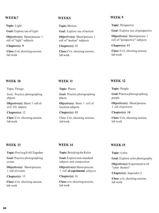 WEEK?                                WEEKS                             WEEK 9

     Topic: Light                     Topic: Motion                     Topic: Perspective

     Goal: Explore use of light       Goal: Explore use of motion       Goal: Explore use of perspective

     Objective(s): Shoot/process 1    Object!ve(s): Shoot/process 1     Objective(s): Shoot/process 1
     roll of "light" subjects         roll of "motion" subjects         roll of "perspective" subjects
     Chapter(s): 9                    Chapter(s): 10                    Chapter(s): 1 I
     Class: Crit, shooting session,   Class: Crit. shooting session,    Class: Crit, shooting session,
     lab work                         lab work                          lab work




 WEEK 10                              WEEK 11                           WEEK 12

     Topic: Things                    Topic: Places                     Topic: People
     Goal: Practice photographing     Goal: Practice photographing      Goal: Practice photographing
     objects                          places                            people
     Objective(s): Shoot 1 roll of    Objective(s): Shoot 1 roll of     Objective(s): Shoot/process
     still life subjects              location subjects                 1 roll of portraits
     Chapter(s): 12                   Chaptcr(s): 13                    Chapter(s): 14
     Class: Crit. shooting session,   Class: Crit, shooting session,    Class: Crit, shooting session,
     lab work                         lab work                          lab work




 WEEK 13                              WEEK 14                           WEEK 15

     Topic: Putting It All Together   Topic: Breaking the Rules         Topic: Color
     Goal: Practice photographing     Goal: Explore non-standard        Goal: Explore color photography
     events                           subjects and composition
                                                                        Objcctive(s): Experiment w i t h
     Objective(s): Shoot/process      Objective(s): Shoot/process       "color themes"
     1 roll of events                 1 roll of experimental subjects
                                                                        Chapter(s): Appendix 2
     Chapter(s): 15                   Chapter(s): 16
                                                                        Class: crit, shooting session,
     Class: Crit, shooting session,   Class: crit, shooting session,    lab work
     lab work                         lab work




44
 
