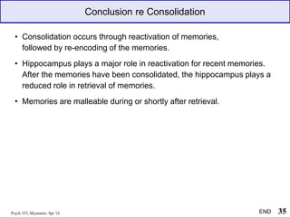 Psych 355, Miyamoto, Spr '16 35
Conclusion re Consolidation
• Consolidation occurs through reactivation of memories,
followed by re-encoding of the memories.
• Hippocampus plays a major role in reactivation for recent memories.
After the memories have been consolidated, the hippocampus plays a
reduced role in retrieval of memories.
• Memories are malleable during or shortly after retrieval.
END
 