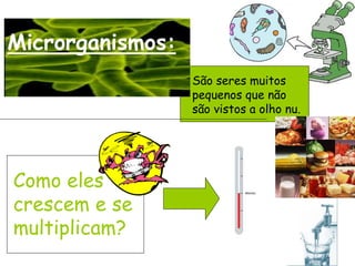 Microrganismos:
São seres muitos
pequenos que não
são vistos a olho nu.
Como eles
crescem e se
multiplicam?
 