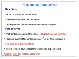 Résultats et Perspectives
Résultats:
• Etude de trois types d’échantillons
• Interaction avec les expérimentateurs
• Développement de nombreuses méthodes théoriques
Soutenance K. Kazymyrenko.
Perspectives:
• Analyser les réseaux rectangulaires ) coupleur mécano-électrique
• Résultats quantitatifs pour les réseaux de fils quantiques )
utile pour les expérimentateurs
• Visite à Rutgers pour collaborer avec l’équipe expérimentale )
Spectroscopie des réseaux Josephson
 