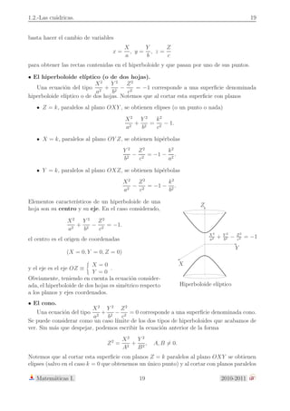 = d (P, F) = 
r 
(x − 
p 
2 
)2 + y2. 
De aqu´ı es f´acil obtener que los puntos 
(x, y) que est´an en la par´abola est´an 
caracterizados por la ecuaci´on 
y2 = 2p x |p| = d (F, L). 
La recta y = 0 (el eje OX) es eje de 
simetr´ıa de la par´abola anterior y el 
v´ertice (el punto de corte del eje de 
simetr´ıa con la par´abola) es el origen 
de coordenadas O = (x = 0, y = 0). 
y2 = 2p x 
X 
Y 
Foco 
Eje de simetr´ıa 
F = ( 
p 
2 
, 0) 
V´ertice 
O 
directriz 
x = − 
p 
2 
P = (x, y) 
El eje de simetr´ıa de una par´abola tambi´en se suele llamar eje focal. La recta que pasa 
por el v´ertice y es perpendicular al eje de simetr´ıa se suele llamar eje secundario de la 
par´abola. 
Una ecuaci´on del tipo x2 = 2q y define una par´abola con eje de simetr´ıa el eje OY y 
v´ertice en el origen de coordenadas. 
Si cuando hemos obtenido la ecuaci´on de la 
par´abola, y2 = 2p x, hubieramos adoptado 
un sistema de ejes paralelo al que hemos 
adoptado (o lo que es lo mismo si hacemos 
una traslaci´on del sistema de coordenadas), 
en el cual el eje OX sea paralelo al eje de 
simetr´ıa de la par´abola (dicho eje de simetr´ıa 
tendr´ıa como ecuaci´on y =  