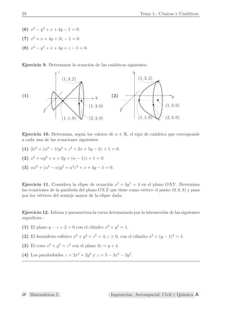 1.1- Las c´onicas. Ecuaciones reducidas. 5 
Las ecuaciones anteriores cubren todos los casos en los que el eje de la par´abola es paralelo 
a uno de los ejes coordenados. No estamos todav´ıa en condiciones de estudiar la ecuaci´on 
de una par´abola cuyo eje de simetr´ıa no sea paralelo a ninguno de los ejes del sistema de 
referencia que se considere. 
Ejercicio. Expresa la ecuaci´on 2y2 + 4y + 3x + 7 = 0 en la forma 
(y −  