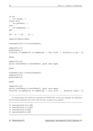 • La hip´erbola. 
Al igual que la par´abola, el alumno conoce la hip´erbola como representaci´on gr´afica de 
una funci´on expl´ıcita y = f(x) = k 
x , k6= 0. Todas estas hip´erbolas son equil´ateras y tienen 
como as´ıntotas a los ejes coordenados. Veamos la hip´erbola desde otro punto de vista. 
Definici´on. Dados dos puntos distintos, F1 y F2, y una constante 2a  0 (menor que la 
distancia entre los focos), se llama hip´erbola de focos F1 y F2 y constante 2a al lugar 
geom´etrico de los puntos P cuya diferencia de distancias a F1 y F2 es 2a, 
|d (P, F1) − d (P, F2)| = 2a. 
Ejercicio. ¿Qu´e sucede si 2a es mayor que la distancia entre los focos? ¿y si es igual? ¿y si 
2a = 0? 
Al igual que en el caso de la elipse, tomamos como sistema de referencia el que tiene 
como eje OX la recta que une los focos y como eje OY la perpendicular en el punto medio 
Matem´aticas I. 7 2010-2011 
 