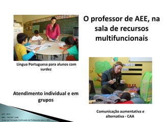 Curso de Formação Continuada de Professores para o AEE
UFC 2010
MEC / SEESP / UAB
Língua Portuguesa para alunos com
surdez
Comunicação aumentativa e
alternativa - CAA
O professor de AEE, na
sala de recursos
multifuncionais
Atendimento individual e em
grupos
 