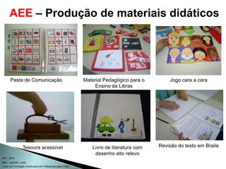 Curso de Formação Continuada de Professores para o AEE
UFC 2010
MEC / SEESP / UAB
Pasta de Comunicação Material Pedagógico para o
Ensino da Libras
Jogo cara a cara
Livro de literatura com
desenho alto relevo
Tesoura acessível Revisão do texto em Braile
AEE – Produção de materiais didáticos
 