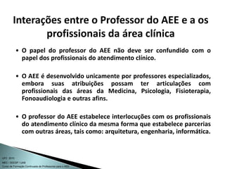 Curso de Formação Continuada de Professores para o AEE
UFC 2010
MEC / SEESP / UAB
• O papel do professor do AEE não deve ser confundido com o
papel dos profissionais do atendimento clínico.
• O AEE é desenvolvido unicamente por professores especializados,
embora suas atribuições possam ter articulações com
profissionais das áreas da Medicina, Psicologia, Fisioterapia,
Fonoaudiologia e outras afins.
• O professor do AEE estabelece interlocuções com os profissionais
do atendimento clínico da mesma forma que estabelece parcerias
com outras áreas, tais como: arquitetura, engenharia, informática.
Interações entre o Professor do AEE e a os
profissionais da área clínica
 