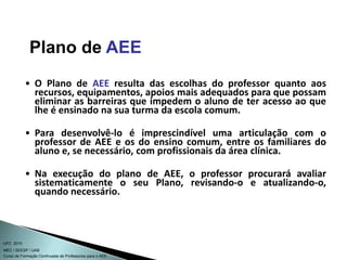 Curso de Formação Continuada de Professores para o AEE
UFC 2010
MEC / SEESP / UAB
• O Plano de AEE resulta das escolhas do professor quanto aos
recursos, equipamentos, apoios mais adequados para que possam
eliminar as barreiras que impedem o aluno de ter acesso ao que
lhe é ensinado na sua turma da escola comum.
• Para desenvolvê-lo é imprescindível uma articulação com o
professor de AEE e os do ensino comum, entre os familiares do
aluno e, se necessário, com profissionais da área clínica.
• Na execução do plano de AEE, o professor procurará avaliar
sistematicamente o seu Plano, revisando-o e atualizando-o,
quando necessário.
Plano de AEE
 