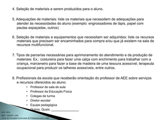 Curso de Formação Continuada de Professores para o AEE
UFC 2010
MEC / SEESP / UAB
4. Seleção de materiais a serem produzidos para o aluno.
5. Adequações de materiais: liste os materiais que necessitem de adequações para
atender às necessidades do aluno (exemplo: engrossadores de lápis, papel com
pautas espaçadas, outros)
6. Seleção de materiais e equipamentos que necessitam ser adquiridos: liste os recursos
materiais que precisam ser encaminhados para compra e/ou que já existem na sala de
recursos multifuncional.
7. Tipos de parcerias necessárias para aprimoramento do atendimento e da produção de
materiais: Ex.: costureira para fazer uma calça com enchimento para trabalhar com a
criança, marceneiro para fazer a base de madeira de uma tesoura acessível, terapeuta
ocupacional para produzir os talheres acessíveis, entre outros.
8. Profissionais da escola que receberão orientação do professor de AEE sobre serviços
e recursos oferecidos ao aluno:
• Professor de sala de aula
• Professor da Educação Física
• Colegas de turma
• Diretor escolar
• Equipe pedagógica
• Outros. Quais: ________________
 