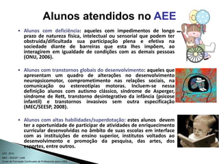 Curso de Formação Continuada de Professores para o AEE
UFC 2010
MEC / SEESP / UAB
• Alunos com deficiência: aqueles com impedimentos de longo
prazo de natureza física, intelectual ou sensorial que podem ter
obstruída/dificultada sua participação plena e efetiva na
sociedade diante de barreiras que esta lhes impõem, ao
interagirem em igualdade de condições com as demais pessoas
(ONU, 2006).
• Alunos com transtornos globais do desenvolvimento: aqueles que
apresentam um quadro de alterações no desenvolvimento
neuropsicomotor, comprometimento nas relações sociais, na
comunicação ou estereotipias motoras. Incluem-se nessa
definição alunos com autismo clássico, síndrome de Asperger,
síndrome de Rett, transtorno desintegrativo da infância (psicose
infantil) e transtornos invasivos sem outra especificação
(MEC/SEESP, 2008).
• Alunos com altas habilidades/superdotação: estes alunos devem
ter a oportunidade de participar de atividades de enriquecimento
curricular desenvolvidas no âmbito de suas escolas em interface
com as instituições de ensino superior, institutos voltados ao
desenvolvimento e promoção da pesquisa, das artes, dos
esportes, entre outros.
Alunos atendidos no AEE
 
