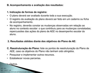 Curso de Formação Continuada de Professores para o AEE
UFC 2010
MEC / SEESP / UAB
B. Acompanhamento e avaliação dos resultados:
1. Indicação de formas de registro:
• O plano deverá ser avaliado durante toda a sua execução.
• O registro da avaliação do plano deverá ser feito em um caderno ou ficha
de acompanhamento.
• No registro, deverão constar as mudanças observadas em relação ao
aluno no contexto escolar: o que contribuiu para as mudanças constatadas;
repercussões das ações do plano de AEE no desempenho escolar do
aluno.
2. Resultados obtidos diante dos objetivos do Plano de AE:
C. Reestruturação do Plano: liste os pontos de reestruturação do Plano de
AEE, caso os objetivos do Plano não tenham sido atingidos.
• Pesquisar e implementar outros recursos.
• Estabelecer novas parcerias.
• Outros.
 