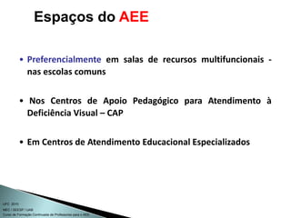 Curso de Formação Continuada de Professores para o AEE
UFC 2010
MEC / SEESP / UAB
• Preferencialmente em salas de recursos multifuncionais -
nas escolas comuns
• Nos Centros de Apoio Pedagógico para Atendimento à
Deficiência Visual – CAP
• Em Centros de Atendimento Educacional Especializados
Espaços do AEE
 