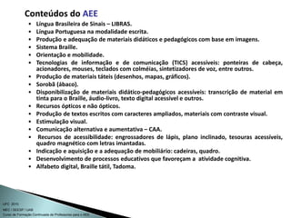 Curso de Formação Continuada de Professores para o AEE
UFC 2010
MEC / SEESP / UAB
• Língua Brasileira de Sinais – LIBRAS.
• Língua Portuguesa na modalidade escrita.
• Produção e adequação de materiais didáticos e pedagógicos com base em imagens.
• Sistema Braille.
• Orientação e mobilidade.
• Tecnologias de informação e de comunicação (TICS) acessíveis: ponteiras de cabeça,
acionadores, mouses, teclados com colméias, sintetizadores de voz, entre outros.
• Produção de materiais táteis (desenhos, mapas, gráficos).
• Sorobã (ábaco).
• Disponibilização de materiais didático-pedagógicos acessíveis: transcrição de material em
tinta para o Braille, áudio-livro, texto digital acessível e outros.
• Recursos ópticos e não ópticos.
• Produção de textos escritos com caracteres ampliados, materiais com contraste visual.
• Estimulação visual.
• Comunicação alternativa e aumentativa – CAA.
• Recursos de acessibilidade: engrossadores de lápis, plano inclinado, tesouras acessíveis,
quadro magnético com letras imantadas.
• Indicação e aquisição e a adequação de mobiliário: cadeiras, quadro.
• Desenvolvimento de processos educativos que favoreçam a atividade cognitiva.
• Alfabeto digital, Braille tátil, Tadoma.
Conteúdos do AEE
 