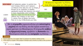 Η σκηνική παρουσία της Ελένης
είναι «θέατρο» μέσα στο «θέατρο».
Υποταγή – ο δόλος
αρχίζει να λειτουργεί
Με τη στιχομυθία παρακολουθούμε μία καλοστημένη
μηχανή από την Ελένη, που δεν αφήνει αναπάντητη
καμία ερώτηση του Θεοκλύμενου. Η στιχομυθία αυξάνει
τη δραματική ένταση, προβάλλει τη δυσπιστία του
Θεοκλύμενου αλλά και την ευστροφία της Ελένης.
 