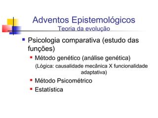  Psicologia comparativa (estudo das
funções)
 Método genético (análise genética)
(Lógica: causalidade mecânica X funcionalidade
adaptativa)
 Método Psicométrico
 Estatística
Adventos Epistemológicos
Teoria da evolução
 