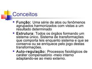 Conceitos
 Função: Uma série de atos ou fenômenos
agrupados harmonizados com vistas a um
resultado determinado
 Estrutura: Todos os órgãos formando um
sistema único. Sistema de transformações
que comporta leis enquanto sistema e que se
conserva ou se enriquece pelo jogo destas
transformações.
 Auto-regulação: Processos fisiológicos de
caráter compensatório -meio interno
adaptando-se ao meio externo.
 