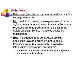 2. Estrutural
 Estruturas (arquitetura da mente) mediam pulsões
e comportamento
 Id: princípio do prazer; a energia é investida na
ação ou em imagens que trarão satisfação parcial.
Processo 1ário de pensamento: alucinação do
objeto satisfaz. Sonhos – desejos óbvios ou
mascarados.
 Ego: inabilidade do id de produzir objetos
desejados leva ao desenvolvimento do eu.
Processo 2ário de pensamento: atividades
intelectuais; consciência; predomínio.

Mediação: ameaças do id aumentam angústia:
mecanismos de defesa
 