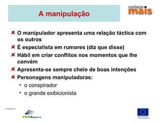 Co-financiado por:
A manipulação
O manipulador apresenta uma relação táctica com
os outros
É especialista em rumores (diz que disse)
Hábil em criar conflitos nos momentos que lhe
convém
Apresenta-se sempre cheio de boas intenções
Personagens manipuladoras:
• o conspirador
• o grande exibicionista
 