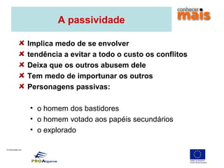 Co-financiado por:
A passividade
Implica medo de se envolver
tendência a evitar a todo o custo os conflitos
Deixa que os outros abusem dele
Tem medo de importunar os outros
Personagens passivas:
• o homem dos bastidores
• o homem votado aos papéis secundários
• o explorado
 