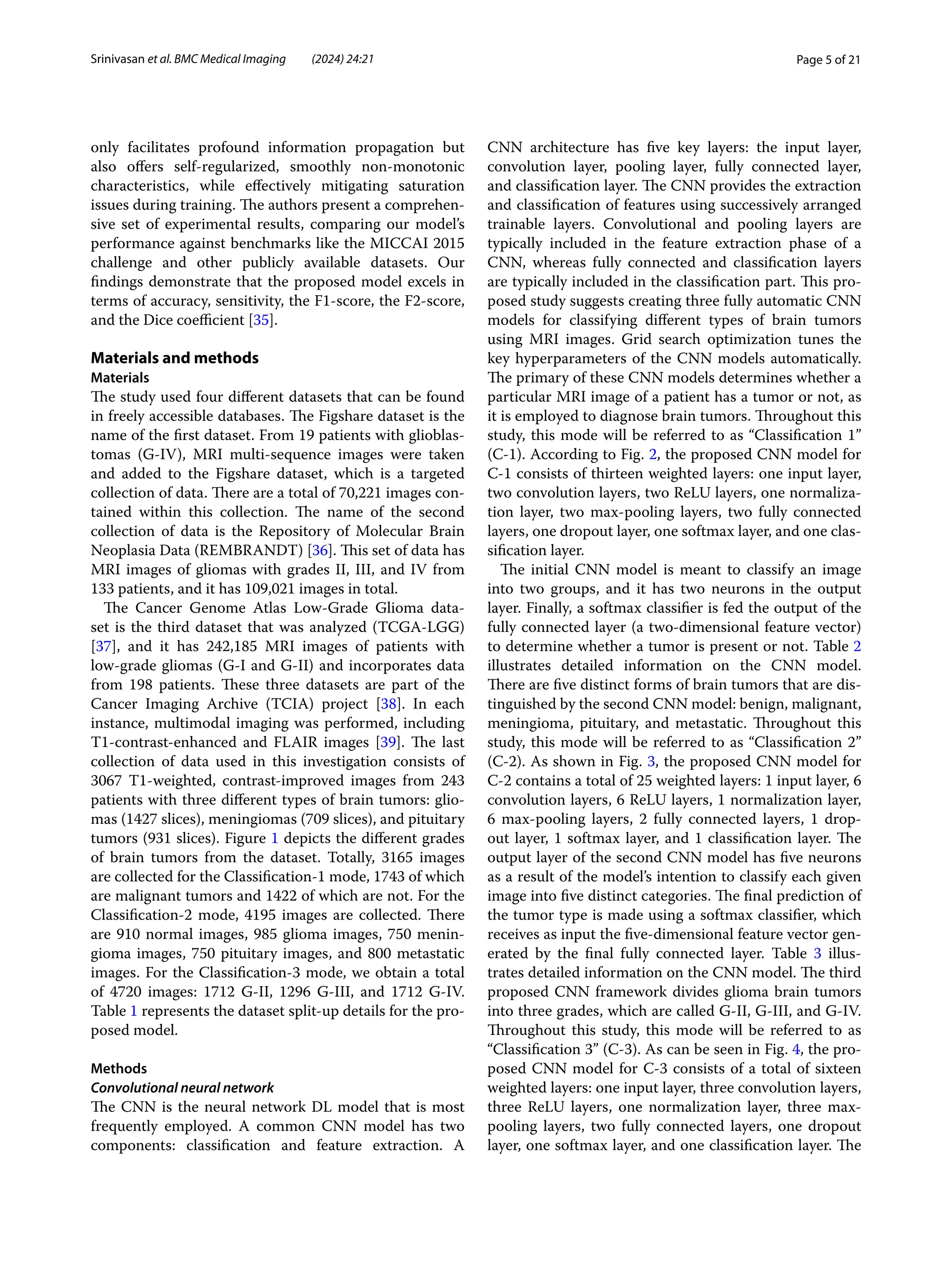 Page 5 of 21
Srinivasan et al. BMC Medical Imaging (2024) 24:21
only facilitates profound information propagation but
also offers self-regularized, smoothly non-monotonic
characteristics, while effectively mitigating saturation
issues during training. The authors present a comprehen-
sive set of experimental results, comparing our model’s
performance against benchmarks like the MICCAI 2015
challenge and other publicly available datasets. Our
findings demonstrate that the proposed model excels in
terms of accuracy, sensitivity, the F1-score, the F2-score,
and the Dice coefficient [35].
Materials and methods
Materials
The study used four different datasets that can be found
in freely accessible databases. The Figshare dataset is the
name of the first dataset. From 19 patients with glioblas-
tomas (G-IV), MRI multi-sequence images were taken
and added to the Figshare dataset, which is a targeted
collection of data. There are a total of 70,221 images con-
tained within this collection. The name of the second
collection of data is the Repository of Molecular Brain
Neoplasia Data (REMBRANDT) [36]. This set of data has
MRI images of gliomas with grades II, III, and IV from
133 patients, and it has 109,021 images in total.
The Cancer Genome Atlas Low-Grade Glioma data-
set is the third dataset that was analyzed (TCGA-LGG)
[37], and it has 242,185 MRI images of patients with
low-grade gliomas (G-I and G-II) and incorporates data
from 198 patients. These three datasets are part of the
Cancer Imaging Archive (TCIA) project [38]. In each
instance, multimodal imaging was performed, including
T1-contrast-enhanced and FLAIR images [39]. The last
collection of data used in this investigation consists of
3067 T1-weighted, contrast-improved images from 243
patients with three different types of brain tumors: glio-
mas (1427 slices), meningiomas (709 slices), and pituitary
tumors (931 slices). Figure 1 depicts the different grades
of brain tumors from the dataset. Totally, 3165 images
are collected for the Classification-1 mode, 1743 of which
are malignant tumors and 1422 of which are not. For the
Classification-2 mode, 4195 images are collected. There
are 910 normal images, 985 glioma images, 750 menin-
gioma images, 750 pituitary images, and 800 metastatic
images. For the Classification-3 mode, we obtain a total
of 4720 images: 1712 G-II, 1296 G-III, and 1712 G-IV.
Table 1 represents the dataset split-up details for the pro-
posed model.
Methods
Convolutional neural network
The CNN is the neural network DL model that is most
frequently employed. A common CNN model has two
components: classification and feature extraction. A
CNN architecture has five key layers: the input layer,
convolution layer, pooling layer, fully connected layer,
and classification layer. The CNN provides the extraction
and classification of features using successively arranged
trainable layers. Convolutional and pooling layers are
typically included in the feature extraction phase of a
CNN, whereas fully connected and classification layers
are typically included in the classification part. This pro-
posed study suggests creating three fully automatic CNN
models for classifying different types of brain tumors
using MRI images. Grid search optimization tunes the
key hyperparameters of the CNN models automatically.
The primary of these CNN models determines whether a
particular MRI image of a patient has a tumor or not, as
it is employed to diagnose brain tumors. Throughout this
study, this mode will be referred to as “Classification 1”
(C-1). According to Fig. 2, the proposed CNN model for
C-1 consists of thirteen weighted layers: one input layer,
two convolution layers, two ReLU layers, one normaliza-
tion layer, two max-pooling layers, two fully connected
layers, one dropout layer, one softmax layer, and one clas-
sification layer.
The initial CNN model is meant to classify an image
into two groups, and it has two neurons in the output
layer. Finally, a softmax classifier is fed the output of the
fully connected layer (a two-dimensional feature vector)
to determine whether a tumor is present or not. Table 2
illustrates detailed information on the CNN model.
There are five distinct forms of brain tumors that are dis-
tinguished by the second CNN model: benign, malignant,
meningioma, pituitary, and metastatic. Throughout this
study, this mode will be referred to as “Classification 2”
(C-2). As shown in Fig. 3, the proposed CNN model for
C-2 contains a total of 25 weighted layers: 1 input layer, 6
convolution layers, 6 ReLU layers, 1 normalization layer,
6 max-pooling layers, 2 fully connected layers, 1 drop-
out layer, 1 softmax layer, and 1 classification layer. The
output layer of the second CNN model has five neurons
as a result of the model’s intention to classify each given
image into five distinct categories. The final prediction of
the tumor type is made using a softmax classifier, which
receives as input the five-dimensional feature vector gen-
erated by the final fully connected layer. Table 3 illus-
trates detailed information on the CNN model. The third
proposed CNN framework divides glioma brain tumors
into three grades, which are called G-II, G-III, and G-IV.
Throughout this study, this mode will be referred to as
“Classification 3” (C-3). As can be seen in Fig. 4, the pro-
posed CNN model for C-3 consists of a total of sixteen
weighted layers: one input layer, three convolution layers,
three ReLU layers, one normalization layer, three max-
pooling layers, two fully connected layers, one dropout
layer, one softmax layer, and one classification layer. The
 