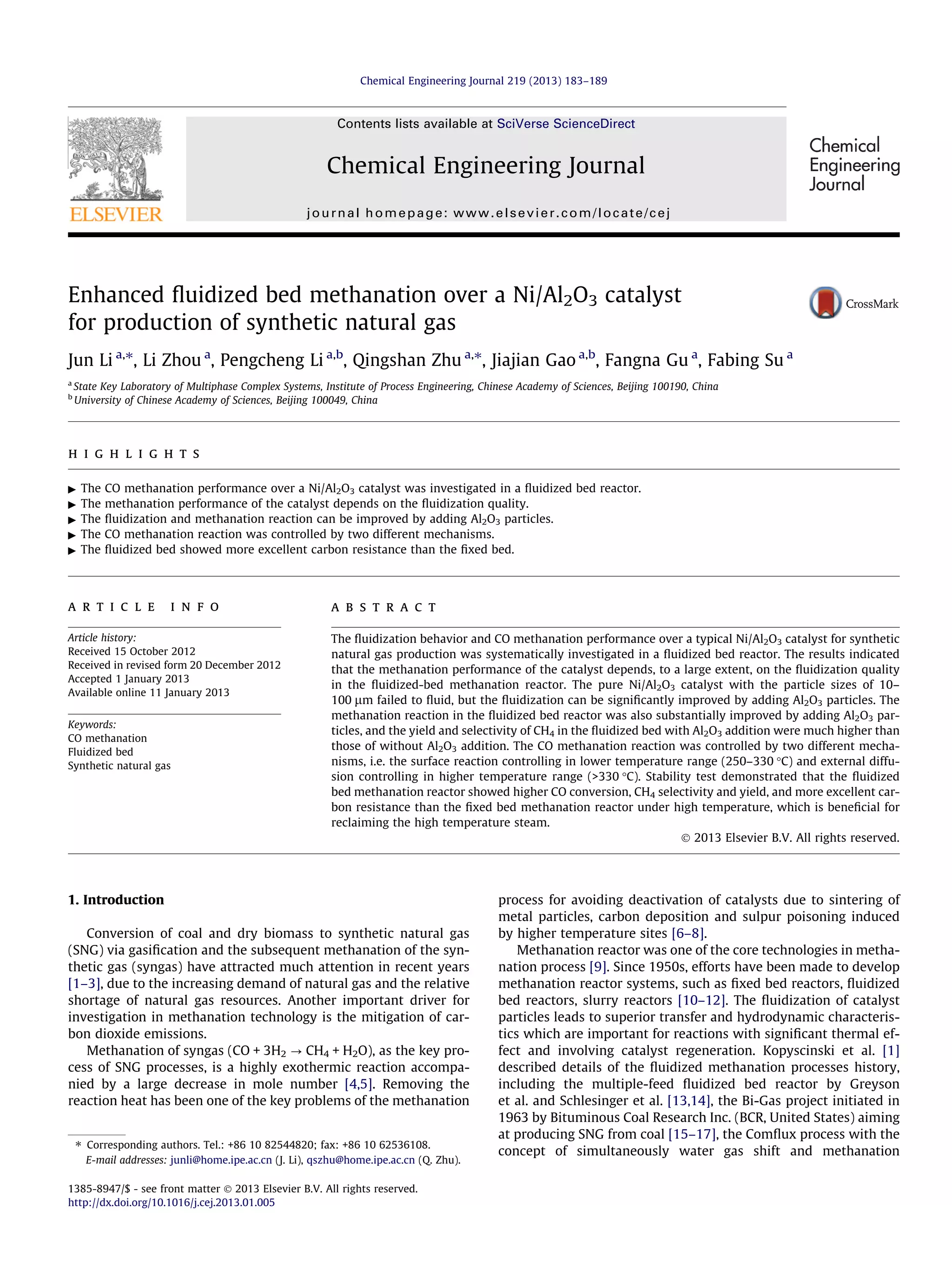 Enhanced fluidized bed methanation over a Ni Al2O3 catalyst for