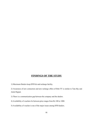 FINDINGS OF THE STUDY
1) Maximum Dealers keep DTH kit and recharge facility.
2) Awareness of new connection and new recharge offers of Dish TV is similar to Tata Sky and
Airtel Digital.
3) There is a communication gap between the company and the dealers.
4) Availability of vouchers lie between price ranges from Rs 100 to 1000.
5) Availability of voucher is one of the major issues among DTH dealers.
81
 