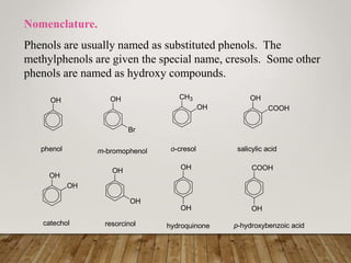 Nomenclature.
Phenols are usually named as substituted phenols. The
methylphenols are given the special name, cresols. Some other
phenols are named as hydroxy compounds.
OH
phenol
OH
Br
m-bromophenol
CH3
OH
o-cresol
OH
COOH
salicylic acid
OH
OH
OH
OH
OH
OH
catechol resorcinol hydroquinone
COOH
OH
p-hydroxybenzoic acid
 