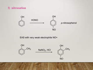 f) nitrosation
OH
HONO
OH
NO
EAS with very weak electrophile NO+
OH
CH3 NaNO2, HCl
OH
CH3
NO
p-nitrosophenol
 