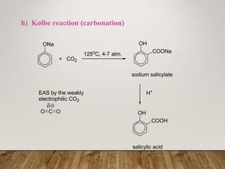 h) Kolbe reaction (carbonation)
ONa
+ CO2
125o
C, 4-7 atm.
OH
COONa
sodium salicylate
H+
OH
COOH
salicylic acid
EAS by the weakly
electrophilic CO2
O C O

 