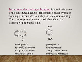 Intramolecular hydrogen bonding is possible in some
ortho-substituted phenols. This intramolecular hydrogen
bonding reduces water solubility and increases volatility.
Thus, o-nitrophenol is steam distillable while the
isomeric p-nitrophenol is not.
N
O
H
O
O
o-nitrophenol
bp 100oC at 100 mm
0.2 g / 100 mL water
volatile with steam
OH
NO2
p-nitrophenol
bp decomposes
1.69 g / 100 mL water
non-volatile with steam
 