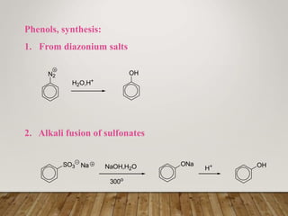 Phenols, synthesis:
1. From diazonium salts
2. Alkali fusion of sulfonates
N2
H2O,H+
OH
SO3 Na NaOH,H2O
300o
ONa
H+ OH
 